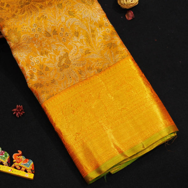 Golden Yellow Bridal Kanchipuram Tissue Silk Saree, Silver and Gold Zari Floral Designer Jacquard body design