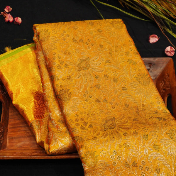 Golden Yellow Bridal Kanchipuram Tissue Silk Saree, Silver and Gold Zari Floral Designer Jacquard body design