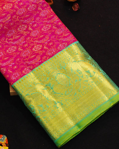 Hot Pink Kanjivaram Silk Saree | Floral Jacquard | Lime Green Korvai Border