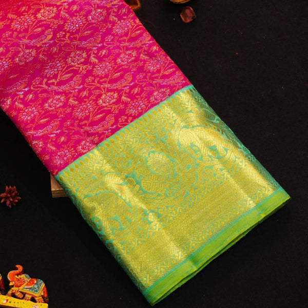 Pink Bridal Silk Saree in Gold and Silver Zari meena work jacquard body design, sapphire green korvai border silk saree