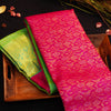Pink Bridal Silk Saree in Gold and Silver Zari meena work jacquard body design, sapphire green korvai border silk saree