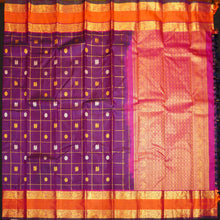 Load image into Gallery viewer, Purple Veldhari Kattam with Annam &amp; Rudraksham Butta in gold and silver zari, Orange Retta Pettu Border
