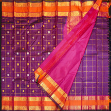 Load image into Gallery viewer, Purple Veldhari Kattam with Annam &amp; Rudraksham Butta in gold and silver zari, Orange Retta Pettu Border
