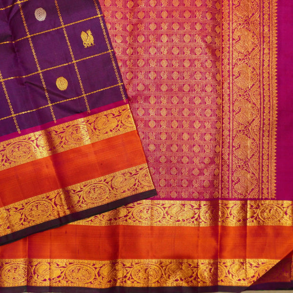 Purple Veldhari Kattam with Annam & Rudraksham Butta in gold and silver zari, Orange Retta Pettu Border