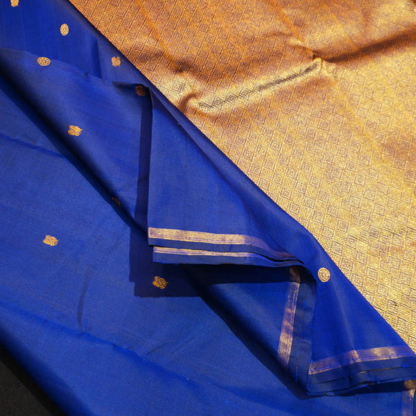 MS Blue Borderless Kanchipuram Silk Saree with tiny peacock & coin butta
