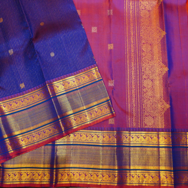 
MS Blue with Zari Lines & Small Peacock & Coin Butta, Traditional Voilet Border