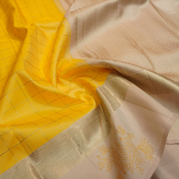 Sunshine Yellow with Silver Zari Kattam, Gray Border with Gold and Silver Fancy Butta Silk Saree