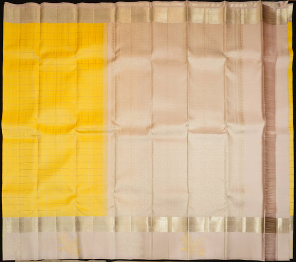Sunshine Yellow with Silver Zari Kattam, Gray Border with Gold and Silver Fancy Butta Silk Saree