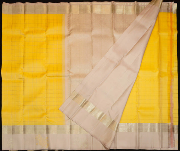 Sunshine Yellow with Silver Zari Kattam, Gray Border with Gold and Silver Fancy Butta Silk Saree
