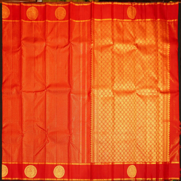Chili Red Zari Kattam with Round Traditional Designer Peacock Butta in the Border
