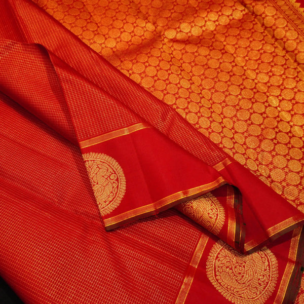 Chili Red Zari Kattam with Round Traditional Designer Peacock Butta in the Border