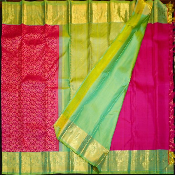 Pink Bridal Silk Saree in Gold and Silver Zari meena work jacquard body design, sapphire green korvai border silk saree