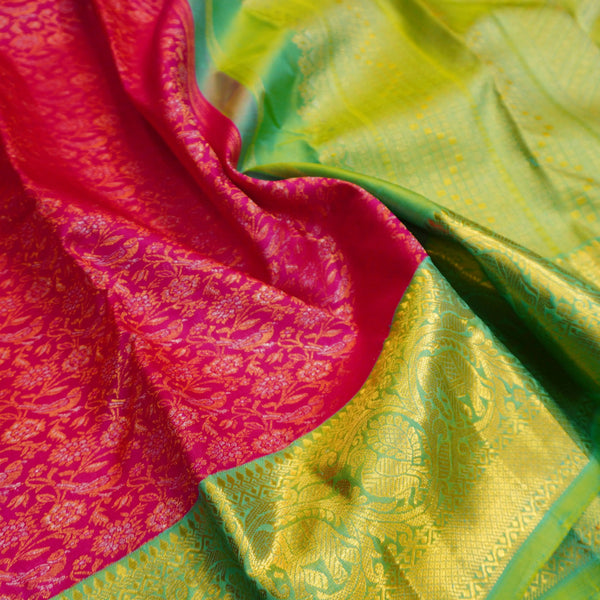 Pink Bridal Silk Saree in Gold and Silver Zari meena work jacquard body design, sapphire green korvai border silk saree
