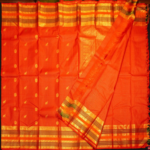 Chili Red Zari Kattam with Elephant and Round Peacock Butta, Multi Layered Traditional Designer Retta Pettu Border
