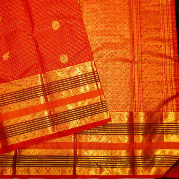 Chili Red Zari Kattam with Elephant and Round Peacock Butta, Multi Layered Traditional Designer Retta Pettu Border