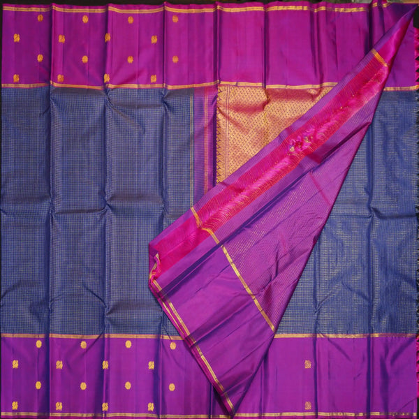 Navy Blue Zari Checks Kattam with Purple Border with Annam & Chakram Butta