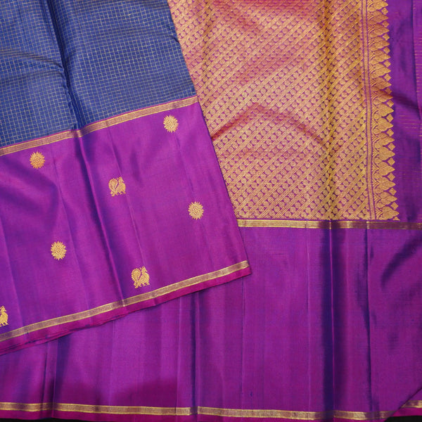 Navy Blue Zari Checks Kattam with Purple Border with Annam & Chakram Butta
