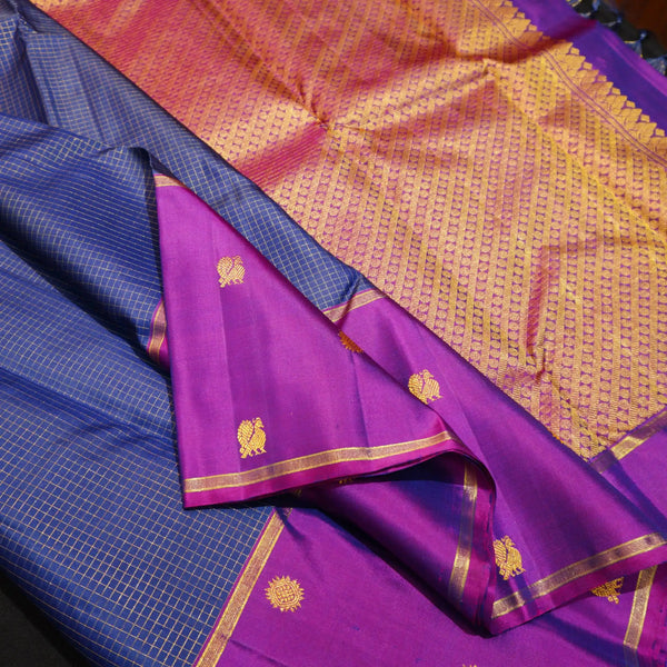 Navy Blue Zari Checks Kattam with Purple Border with Annam & Chakram Butta