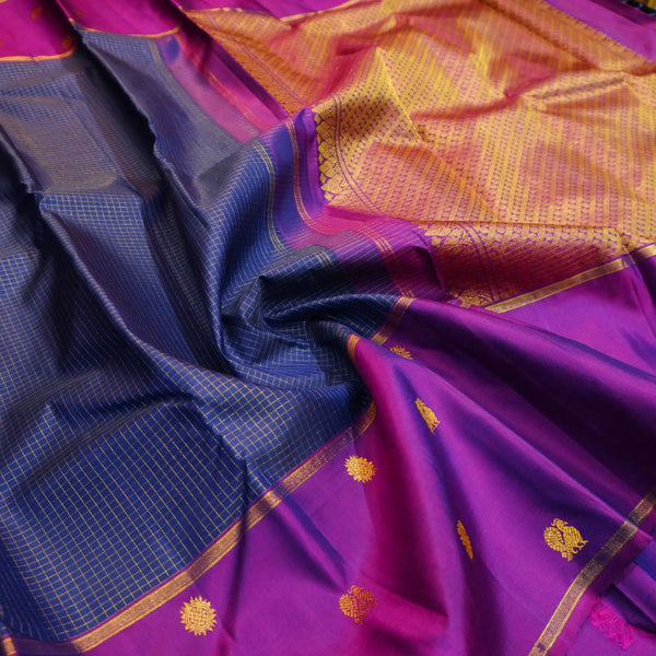 Navy Blue Zari Checks Kattam with Purple Border with Annam & Chakram Butta