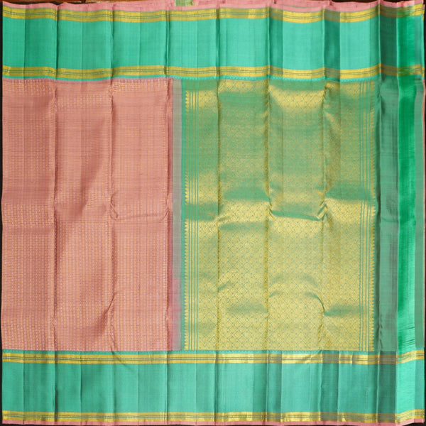 Blush Pastel Zari Kattam with Gold & Silver Zari Brocade Design, Turquoise blue Silk Thread Work Korvai Border