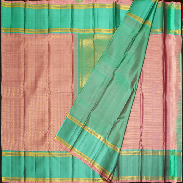 Blush Pastel Zari Kattam with Gold & Silver Zari Brocade Design, Turquoise blue Silk Thread Work Korvai Border