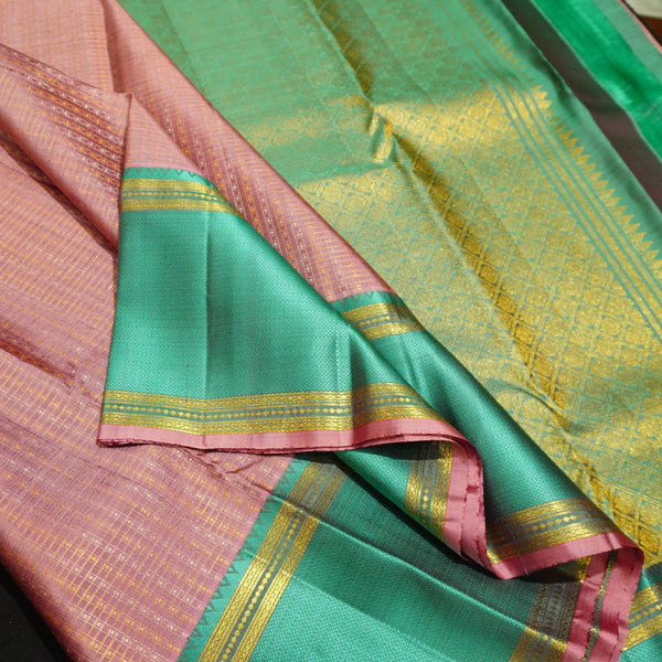Blush Pastel Zari Kattam with Gold & Silver Zari Brocade Design, Turquoise blue Silk Thread Work Korvai Border