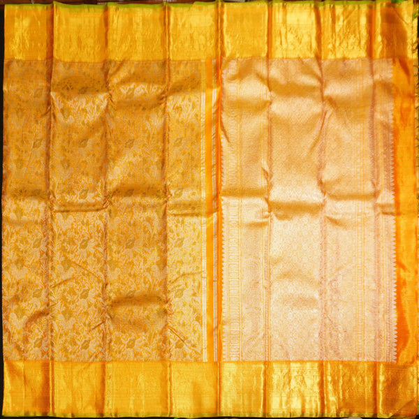 Golden Yellow Bridal Kanchipuram Tissue Silk Saree, Silver and Gold Zari Floral Designer Jacquard body design
