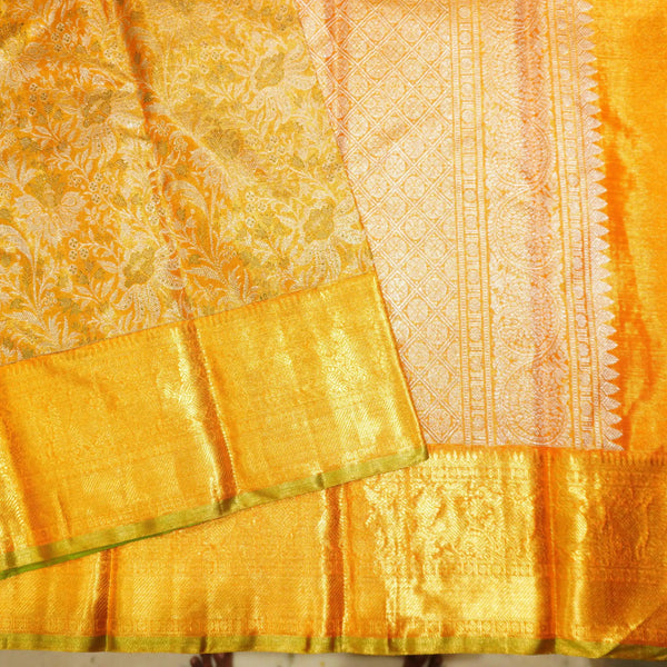 Golden Yellow Bridal Kanchipuram Tissue Silk Saree, Silver and Gold Zari Floral Designer Jacquard body design
