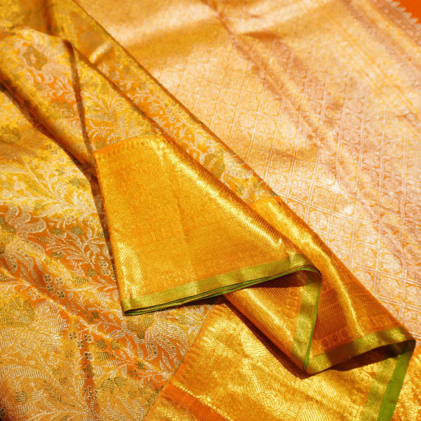 Golden Yellow Bridal Kanchipuram Tissue Silk Saree, Silver and Gold Zari Floral Designer Jacquard body design