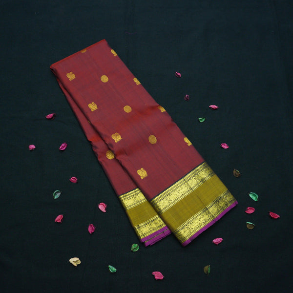 Wine Red Traditional Kanchipuram Handloom Silk Saree with Double Zari Border - Vivaaha Silks & Sarees