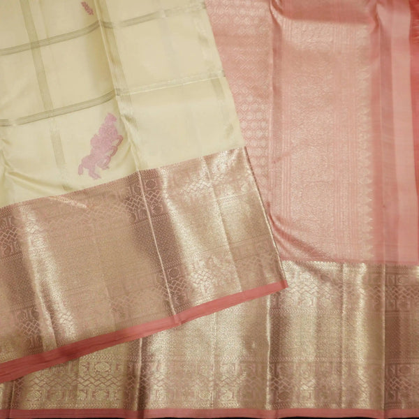 
Ivoy White with Silver Zari Kattam, Fancy Horse Meena Butta, Peach Colour Border in Silver Zari with Traditional Design