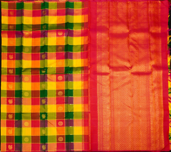 Full Flat Lay of Rainbow Kattam Kanchipuram Silk Saree showing Multi-Colour Check Body and Grand Red-Orange Annam Gold Zari Brocade Pall