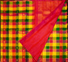 Full Flat Lay of Rainbow Kattam Kanchipuram Silk Saree showing Multi-Colour Check Body and Grand Red-Orange Annam Gold Zari Brocade Pall