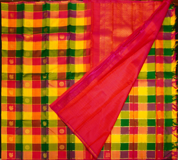 Full Flat Lay of Rainbow Kattam Kanchipuram Silk Saree showing Multi-Colour Check Body and Grand Red-Orange Annam Gold Zari Brocade Pall