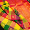 Full Flat Lay of Rainbow Kattam Kanchipuram Silk Saree showing Multi-Colour Check Body and Grand Red-Orange Annam Gold Zari Brocade Pall