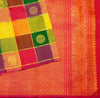 Full Flat Lay of Rainbow Kattam Kanchipuram Silk Saree showing Multi-Colour Check Body and Grand Red-Orange Annam Gold Zari Brocade Pall