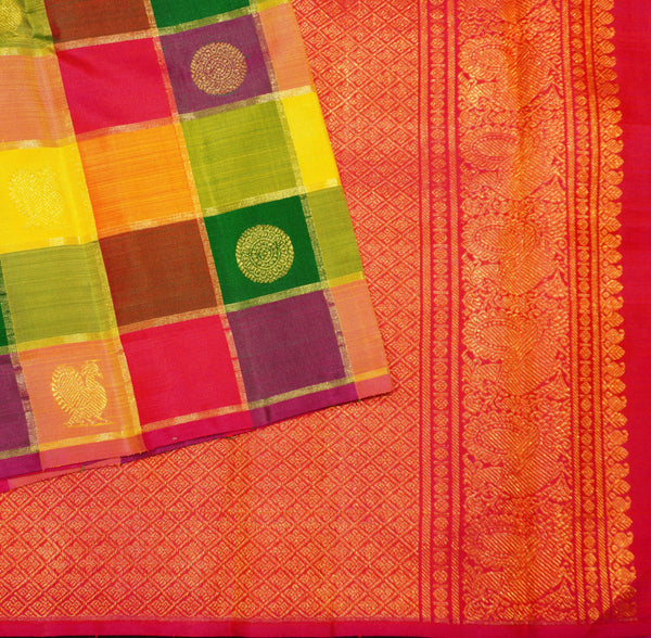 Full Flat Lay of Rainbow Kattam Kanchipuram Silk Saree showing Multi-Colour Check Body and Grand Red-Orange Annam Gold Zari Brocade Pall