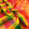 Full Flat Lay of Rainbow Kattam Kanchipuram Silk Saree showing Multi-Colour Check Body and Grand Red-Orange Annam Gold Zari Brocade Pall