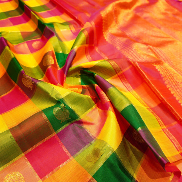 Full Flat Lay of Rainbow Kattam Kanchipuram Silk Saree showing Multi-Colour Check Body and Grand Red-Orange Annam Gold Zari Brocade Pall
