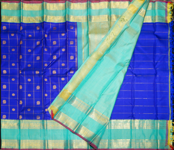 MS Blue Veldhari Kattam With Peacock & Rudratcham Butta in gold Zari, Retta Pettu Korvai Border in Aqua Blue