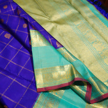 Load image into Gallery viewer, MS Blue Veldhari Kattam With Peacock &amp; Rudratcham Butta in gold Zari, Retta Pettu Korvai Border in Aqua Blue

