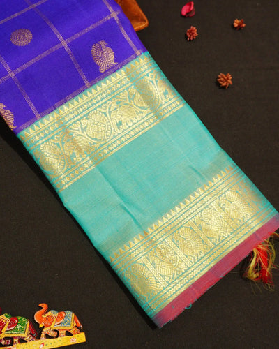MS Blue Kanjivaram Pure Silk Saree | Heritage Veldhari Kattam