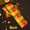 Full Flat Lay of Rainbow Kattam Kanchipuram Silk Saree showing Multi-Colour Check Body and Grand Red-Orange Annam Gold Zari Brocade Pall