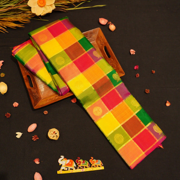 Full Flat Lay of Rainbow Kattam Kanchipuram Silk Saree showing Multi-Colour Check Body and Grand Red-Orange Annam Gold Zari Brocade Pall