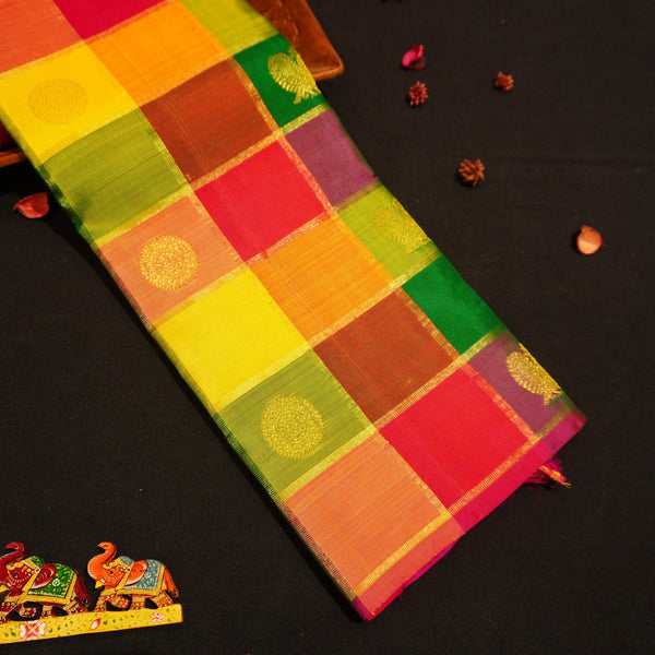 Full Flat Lay of Rainbow Kattam Kanchipuram Silk Saree showing Multi-Colour Check Body and Grand Red-Orange Annam Gold Zari Brocade Pall