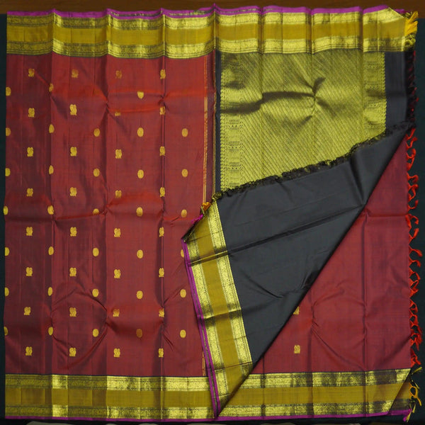 Wine Red Traditional Kanchipuram Handloom Silk Saree with Double Zari Border - Vivaaha Silks & Sarees