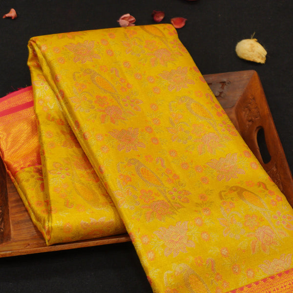 premiumwedding tissue kanchipuram silk saree in Lemon Yellow with Meena Work