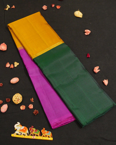 Purple, Yellow, Bottle Green Mubbagam Kanchipuram Silk Saree