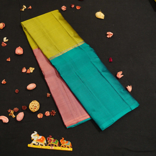Light Weight Kanchipuram, Mubbagam Saree, Pastel Saree, Office Wear Silk Saree Soft Silk, Soft Peach, Yellow, Rich Teal Mubbagam Kanchipuram Silk Saree