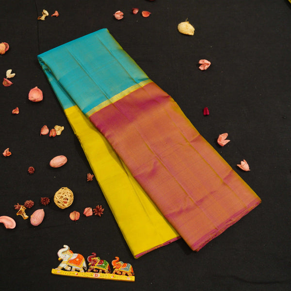 Light Weight Kanchipuram, Mubbagam Saree, Pastel Saree, Office Wear Silk Saree Soft Silk, Yellow-Aqua Blue-Peach Mubbagam Kanchipuram Silk Saree